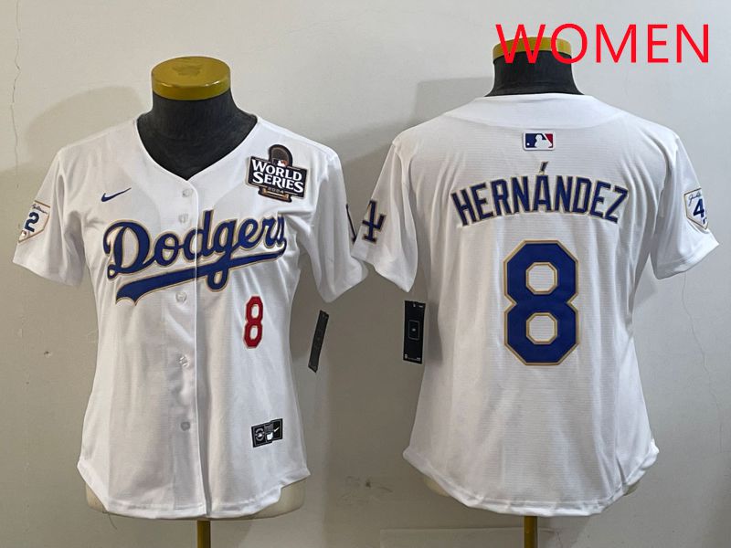 Women Los Angeles Dodgers #8 Hernandez White Gold Game 2025 Nike MLB Jersey style 1